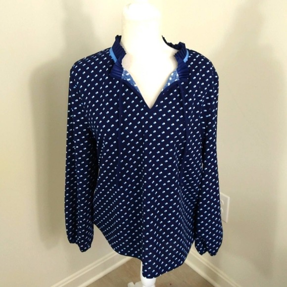 Talbots Tops - Talbots pleated tie neck blue white polka dot blouse sz xl petite work casual